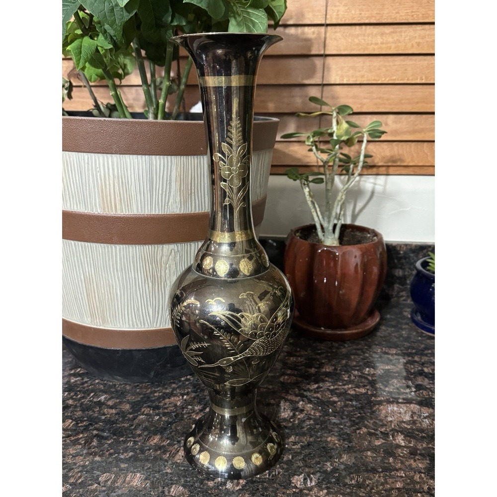 Solid BRASS Floral Bird ETCHED Decorative VASE ~ Gold Tone ~ Made in India Vtg
